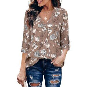 Womens 3/4 Cuffed Sleeve Chiffon Printed V Neck Casual Blouse Shirt Tops